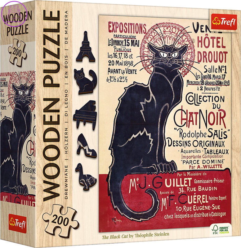 TREFL Dřevěné puzzle Art: Steinlen - Černá kočka, Le Chat Noir 200 dílků