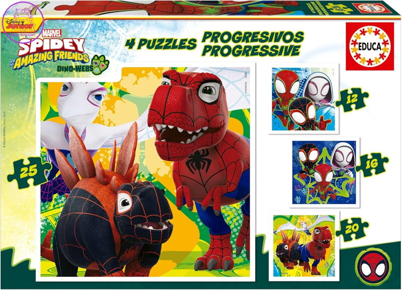 EDUCA Puzzle Spidey a jeho úžasní přátelé: Dino-web 4v1 (12,16,20,25 dílků)
