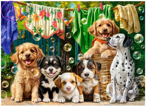 CASTORLAND Puzzle Štěňata, prádlo a ptačí dovádění 100 dílků CASTORLAND Puzzle Štěňata, prádlo a ptačí dovádění 100 dílků