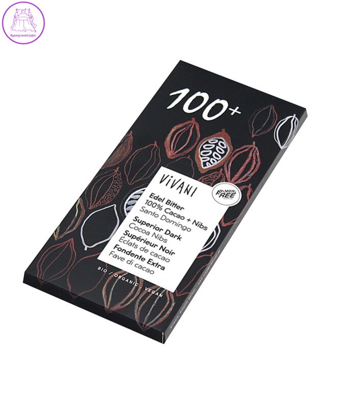 Čokoláda hořká 100% s kousky kakaa 80g Vivani 1225